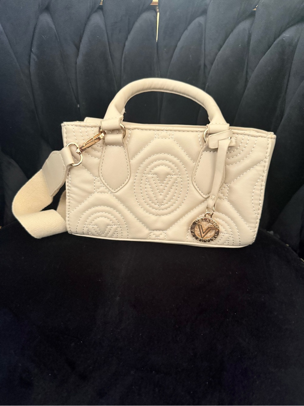 Valentino Orlandi Elegant Cream Quilted Top-Handle Bag with Gold Charm